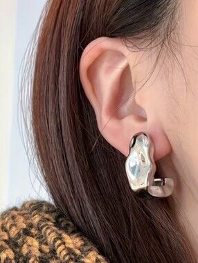 NEW! Modern Silver Sculpted Chunky Thick Half Hoop Post Earrings
